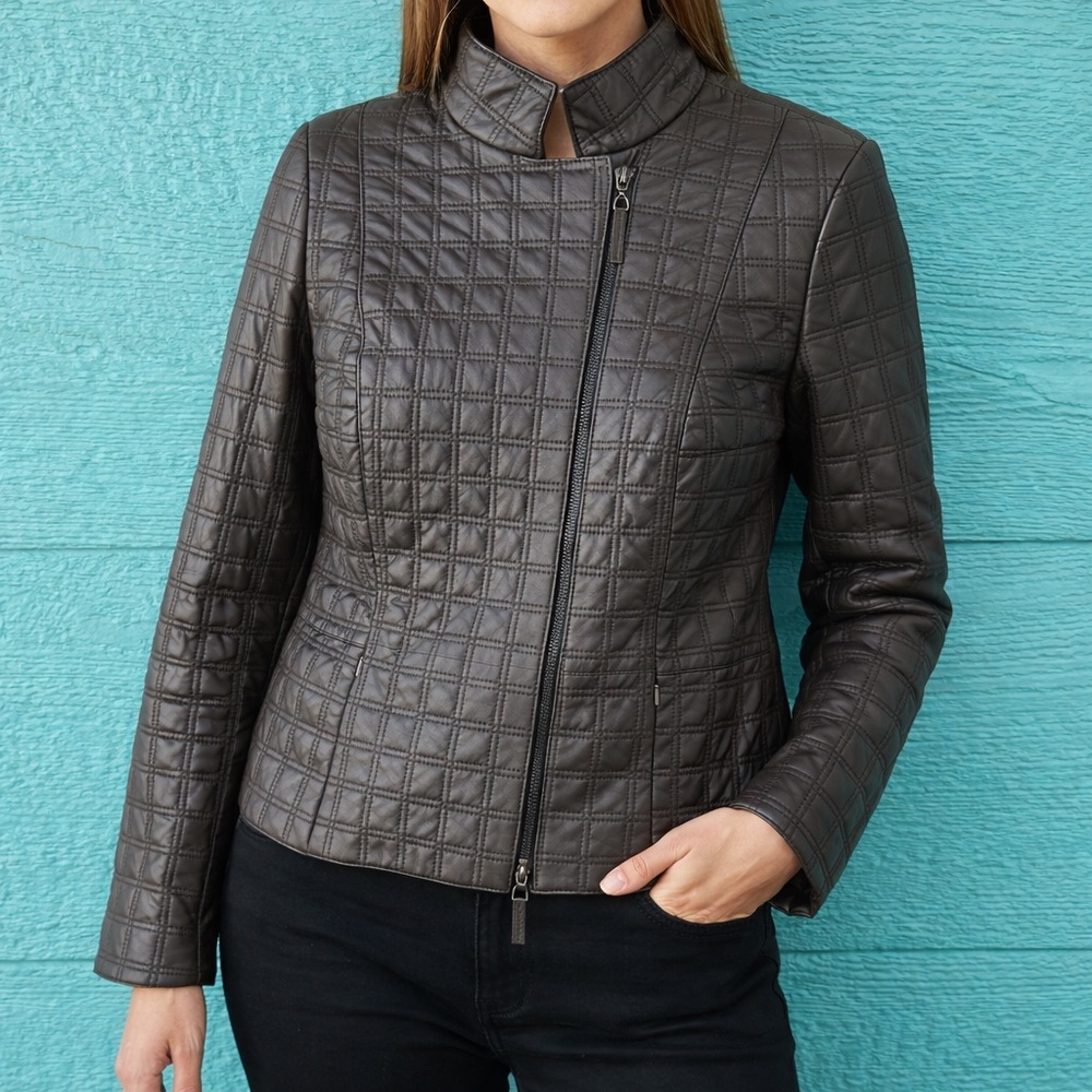 Worth Brown Quilted Leather Luxury Jacket High Neck Zip Front Size 14